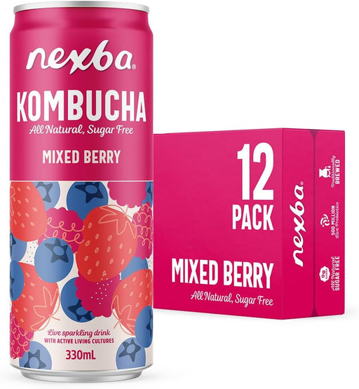 12 X 330ml Nexba Naturally Sugar Free Mixed Berry Kombucha, Sleek Cans BBE 24-02-26 RRP £16.99 Sale price £11.99