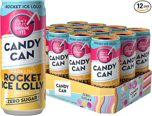 12 X 330ml Candy Can, Rocket Ice Lolly, Fizzy Drink, Nostalgic American Soda Flavours, Sugar Free, Sparkling Pop Cans in just £5.99 BBE April 25