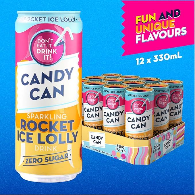 12 X 330ml Candy Can, Rocket Ice Lolly, Fizzy Drink, Nostalgic American Soda Flavours, Sugar Free, Sparkling Pop Cans in just £5.99 BBE April 25