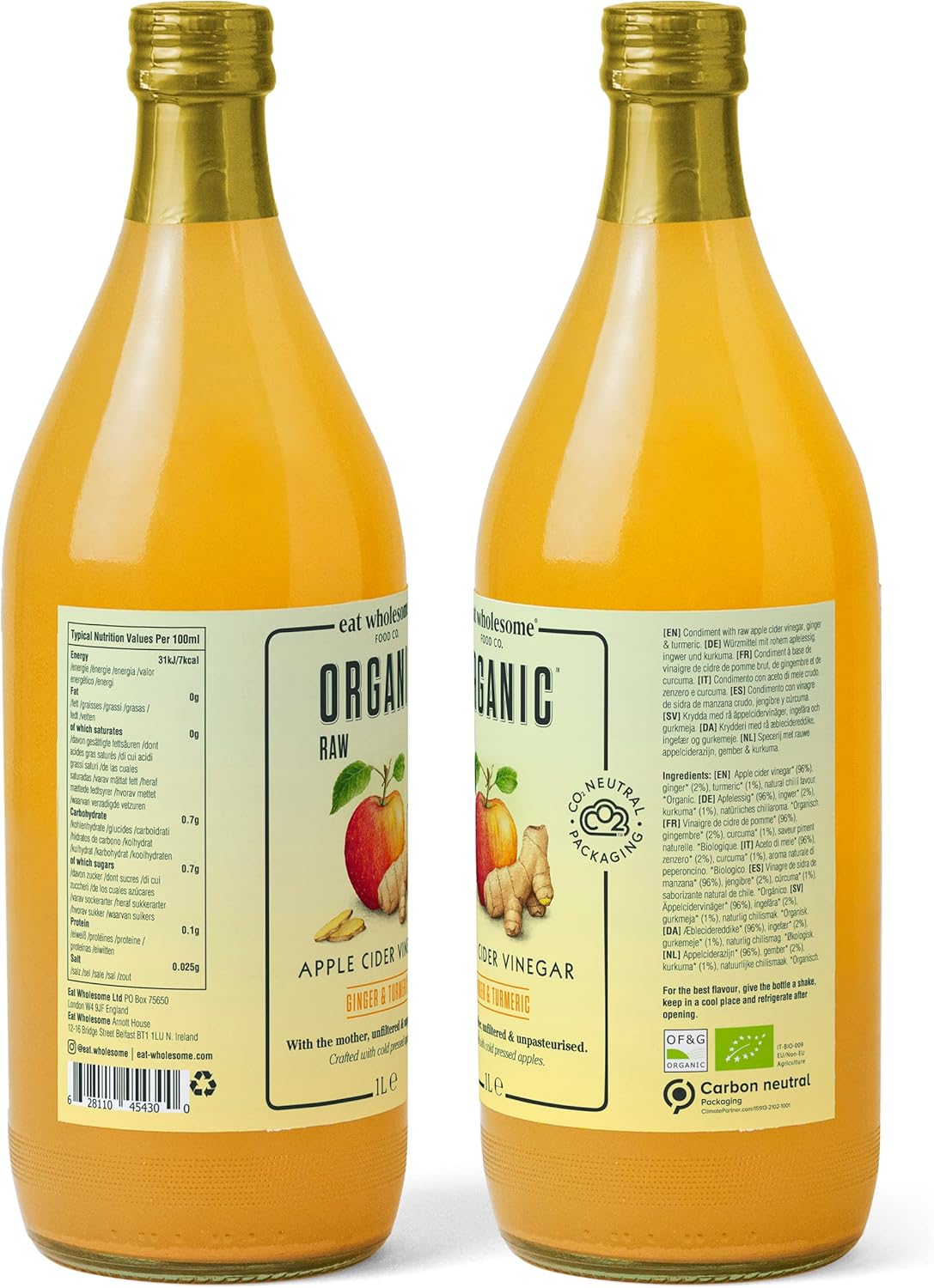 1L Eat Wholesome Organic Raw Apple Cider Vinegar with Ginger and Turmeric unfiltered and unpasteurised glass bottle  BBE 22-06-27 RRP £9.99 Sale Price £3.49