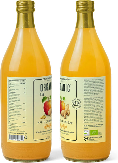 1L Eat Wholesome Organic Raw Apple Cider Vinegar with Ginger and Turmeric unfiltered and unpasteurised glass bottle  BBE 22-06-27 RRP £9.99 Sale Price £3.49