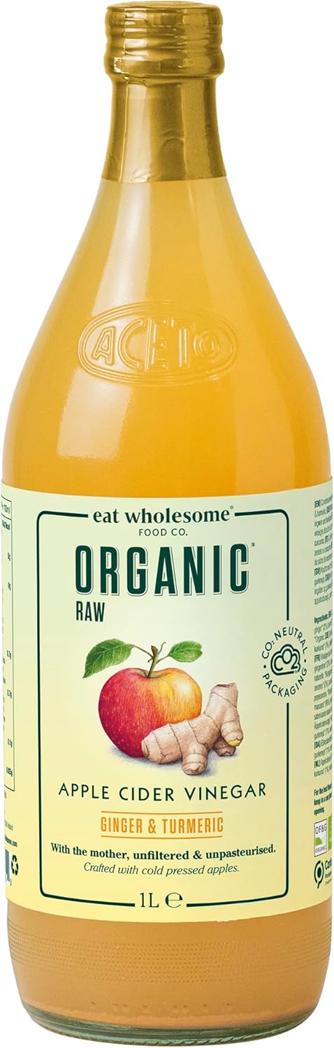 1L Eat Wholesome Organic Raw Apple Cider Vinegar with Ginger and Turmeric unfiltered and unpasteurised glass bottle  BBE 22-06-27 RRP £9.99 Sale Price £3.49