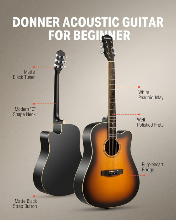 Donner Acoustic Guitar Full Size Guitar 4/4 Dreadnought 41 inch Guitar Kit for Beginner. Model EC1019 RRP £118 Sale Price £59.99