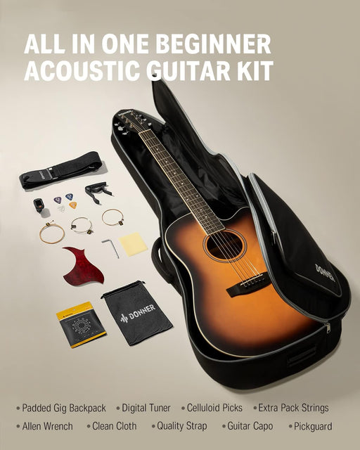 Donner Acoustic Guitar Full Size Guitar 4/4 Dreadnought 41 inch Guitar Kit for Beginner. Model EC1019 RRP £118 Sale Price £59.99
