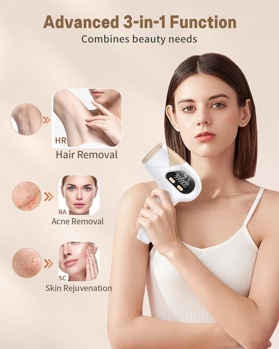 Glattol IPL Laser Hair Removal - 3-in-1 &amp; Long Lasting, Effective Hair Removal Device with 9 Levels and 999,900 Light Pulses, 2 Flash Modes for at-Home Full Body Treatment, for Women and Men