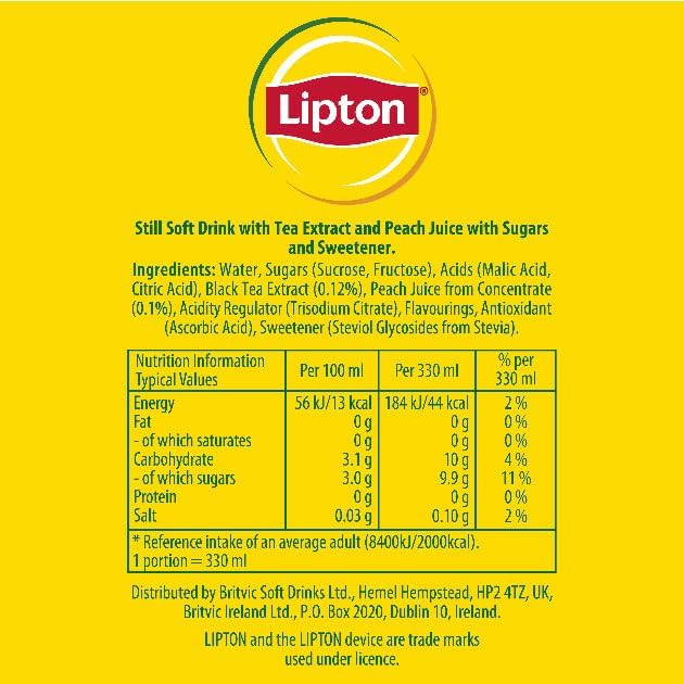 24 X 330ml Lipton Peach Ice Tea Can, low calorie soft drink BBE May25 RRP £14.99 Sale Price £6