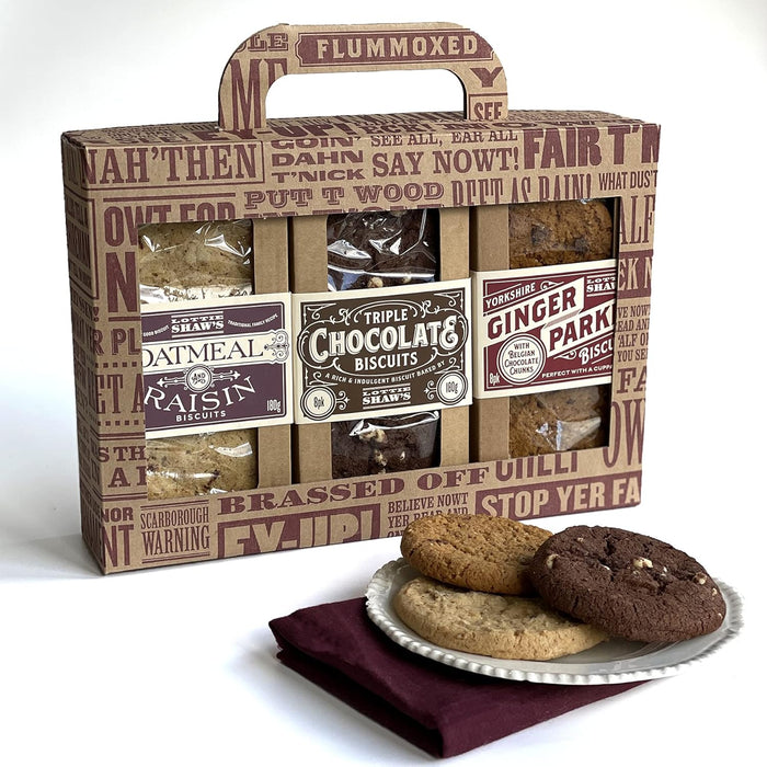 Lottie Shaws - Luxury Gift Box of 3 Packs of Biscuits 600g, Includes Yorkshire Ginger Parkin, Triple Chocolate and Oatmeal Raisin Biscuits BBE 02/06/25 RRP £14.99 Sale Price £4.99