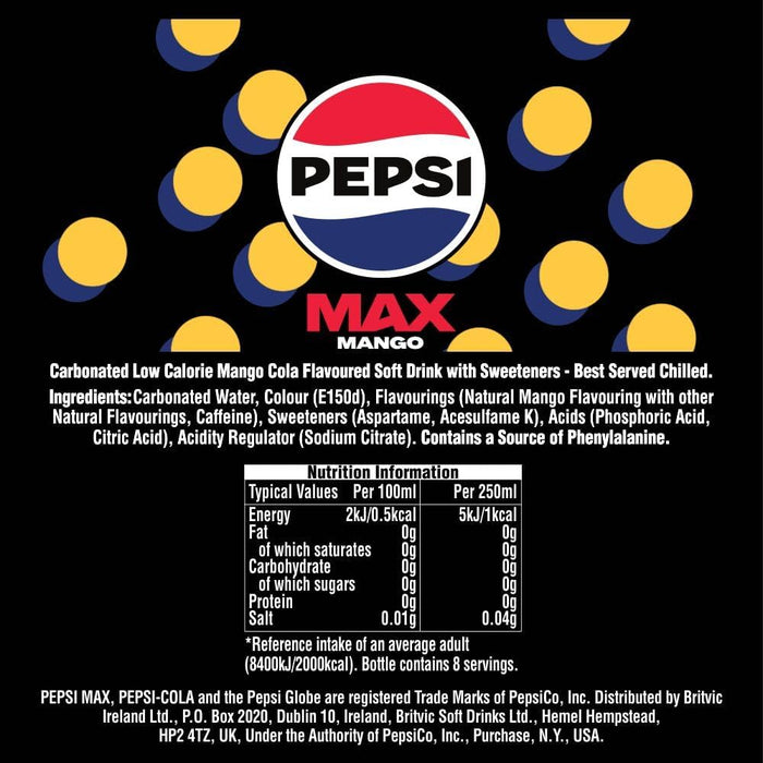 24 X 330ml Pepsi Max Mango no sugar BBE 07-25 RRP £14.99 Sale price £7.50