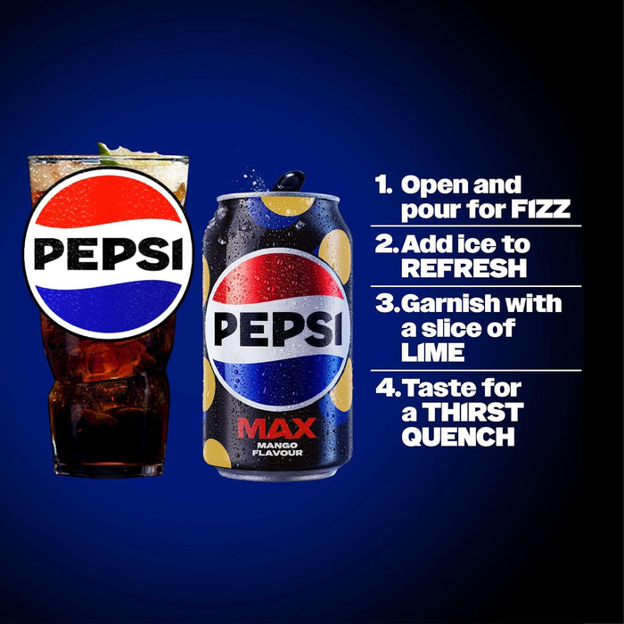24 X 330ml Pepsi Max Mango no sugar BBE 07-25 RRP £14.99 Sale price £7.50