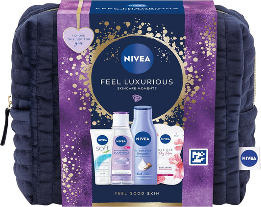 NIVEA Feel Luxurious Gift Set (4 Products), Women's Gift Set with Beauty Products, Includes Micellar Water, Body Lotion, Face Mask, Moisturising Cream + Cosmetic Bag