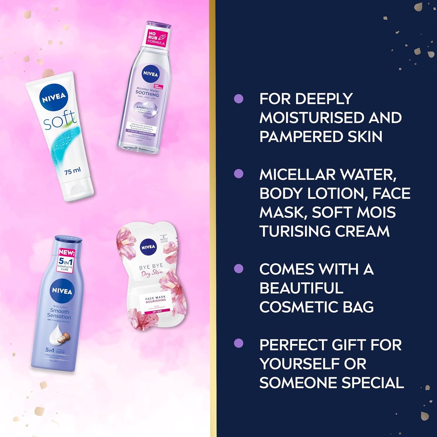 NIVEA Feel Luxurious Gift Set (4 Products), Women's Gift Set with Beauty Products, Includes Micellar Water, Body Lotion, Face Mask, Moisturising Cream + Cosmetic Bag