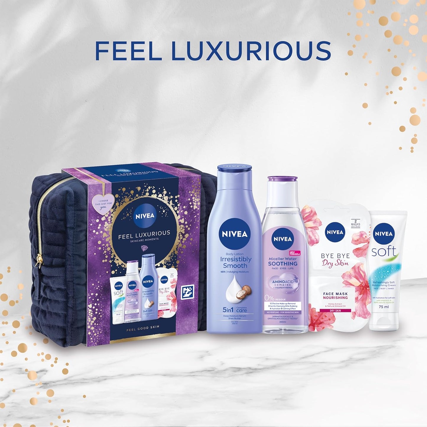 NIVEA Feel Luxurious Gift Set (4 Products), Women's Gift Set with Beauty Products, Includes Micellar Water, Body Lotion, Face Mask, Moisturising Cream + Cosmetic Bag