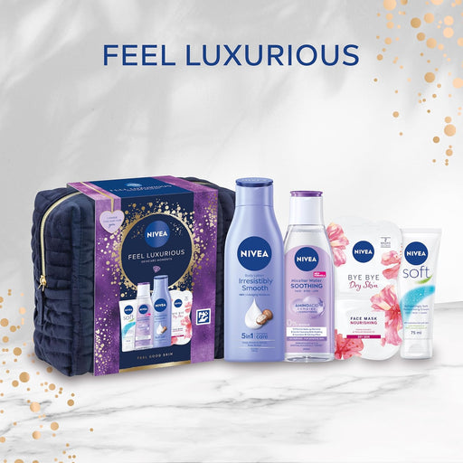 NIVEA Feel Luxurious Gift Set (4 Products), Women's Gift Set with Beauty Products, Includes Micellar Water, Body Lotion, Face Mask, Moisturising Cream + Cosmetic Bag
