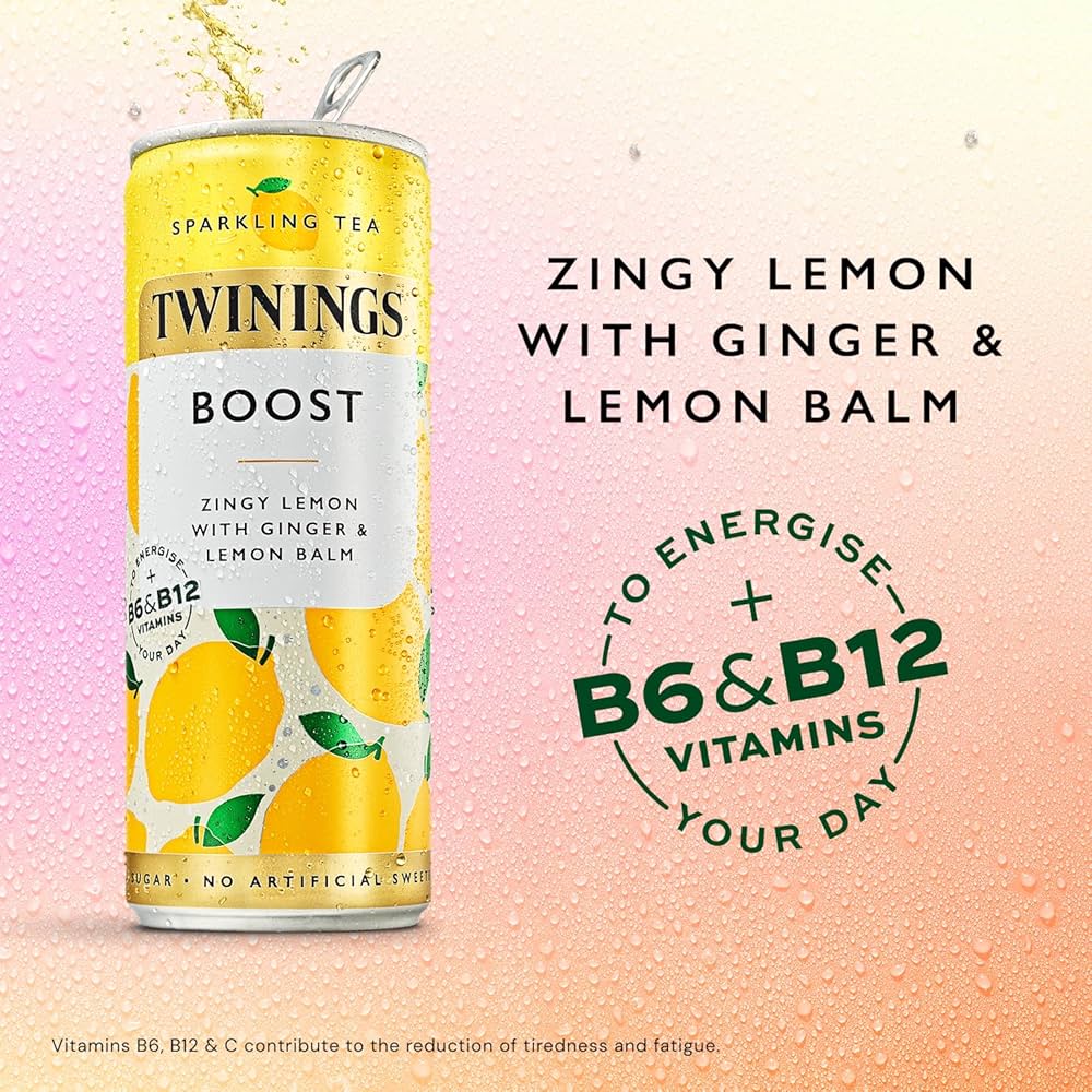 Twinings Boost - Lemon and Ginger Flavoured Sparkling Tea-Refreshing Fruity Beverage(12X250ml Cans)