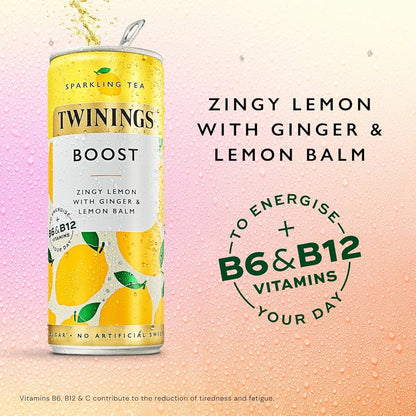 Twinings Boost - Lemon and Ginger Flavoured Sparkling Tea-Refreshing Fruity Beverage(12X250ml Cans)