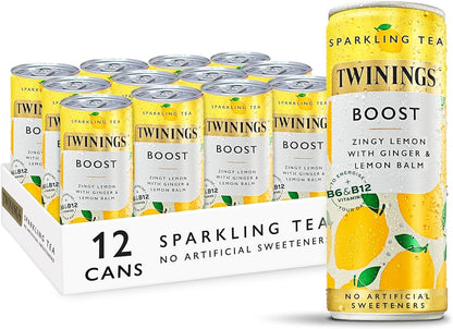 Twinings Boost - Lemon and Ginger Flavoured Sparkling Tea-Refreshing Fruity Beverage(12X250ml Cans)