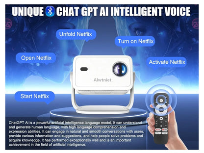 Alwtniet L018 NTV Smart Projector, 1080P Native 400 ANSI Auto Focus Auto Keystone Mini Portable Projector with Apps Built-in, ChatGPT Voice Remote Android Home Video Projector