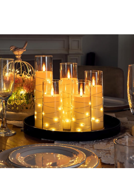 Homemory Flickering Flameless Candles with String Lights, Battery Operated Candles with Remote Control and Timer, Embedded Fairy Lights LED Candles, Acrylic, Home Decoration, Grey, Set of 5