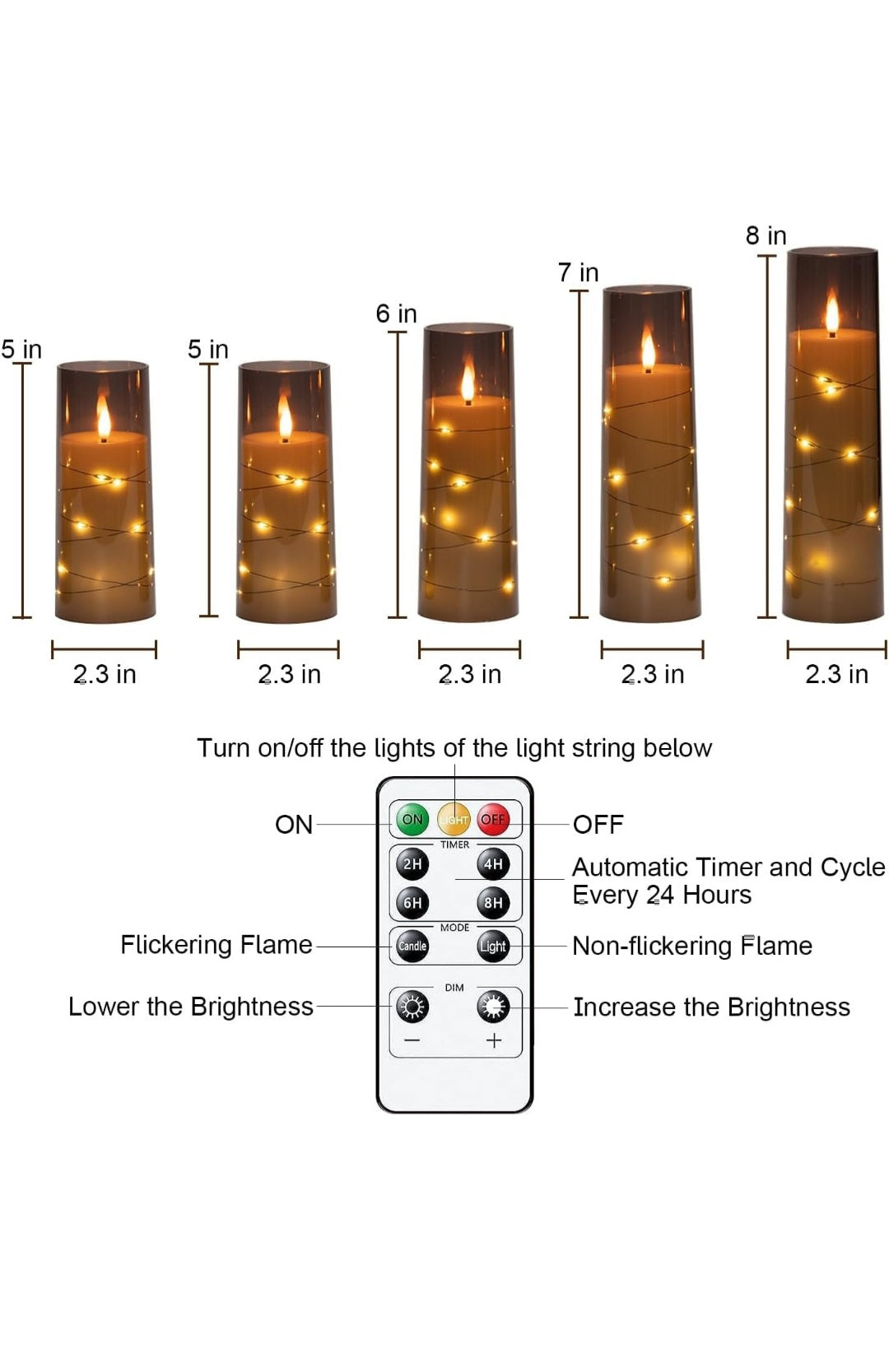 Homemory Flickering Flameless Candles with String Lights, Battery Operated Candles with Remote Control and Timer, Embedded Fairy Lights LED Candles, Acrylic, Home Decoration, Grey, Set of 5