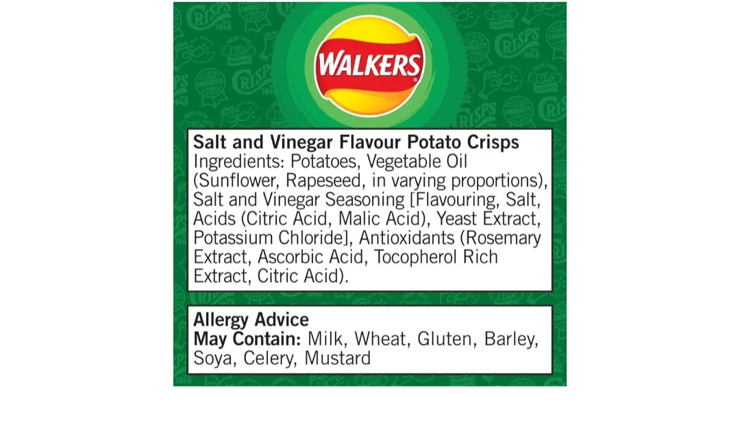 32 X 45g Walkers Crisps Salt & Vinegar BBE May 25 RRP £27.99  Sale price £11.99