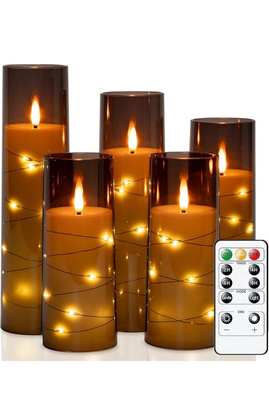 Homemory Flickering Flameless Candles with String Lights, Battery Operated Candles with Remote Control and Timer, Embedded Fairy Lights LED Candles, Acrylic, Home Decoration, Grey, Set of 5
