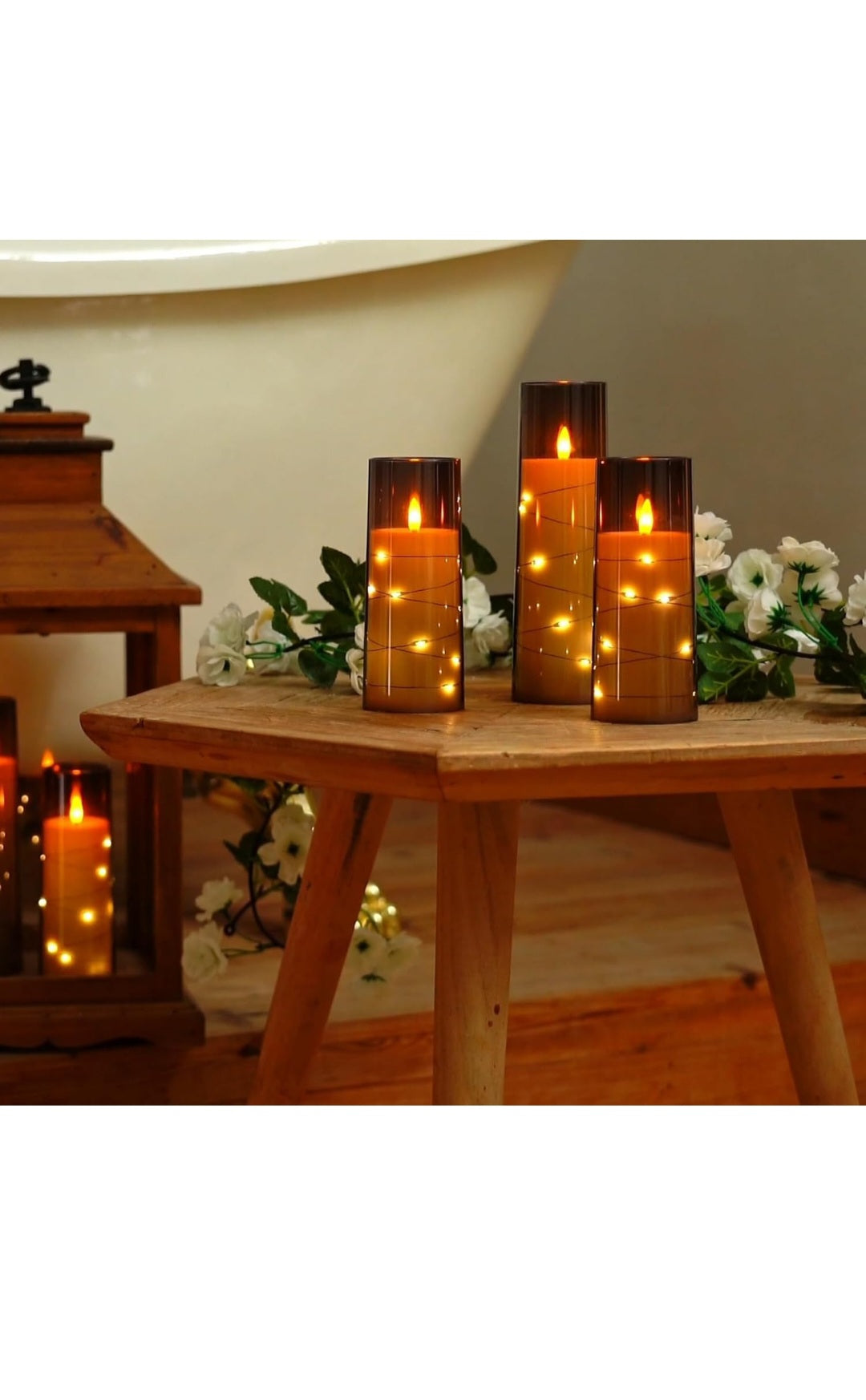 Homemory Flickering Flameless Candles with String Lights, Battery Operated Candles with Remote Control and Timer, Embedded Fairy Lights LED Candles, Acrylic, Home Decoration, Grey, Set of 5