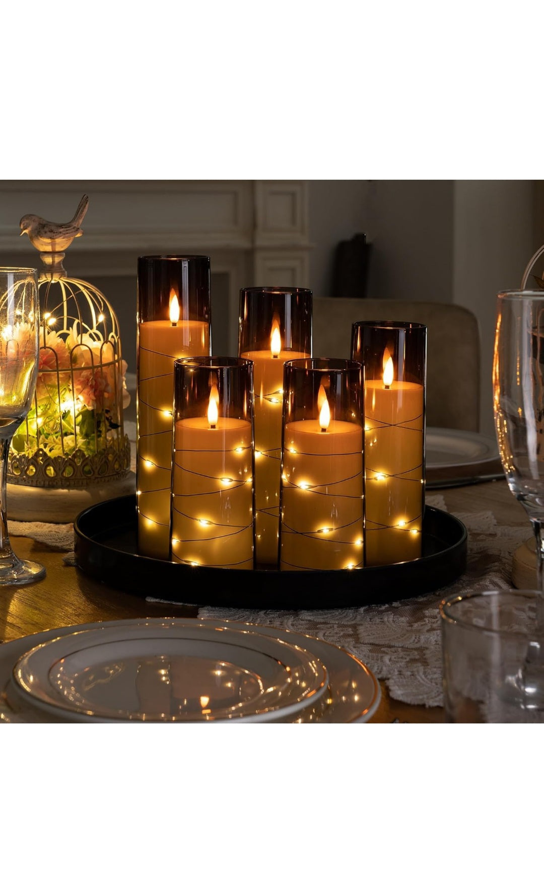 Homemory Flickering Flameless Candles with String Lights, Battery Operated Candles with Remote Control and Timer, Embedded Fairy Lights LED Candles, Acrylic, Home Decoration, Grey, Set of 5