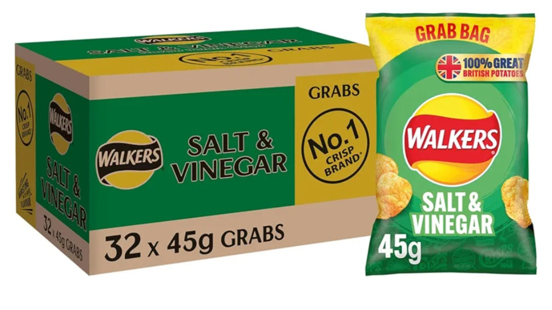32 X 45g Walkers Crisps Salt & Vinegar BBE May 25 RRP £27.99  Sale price £11.99