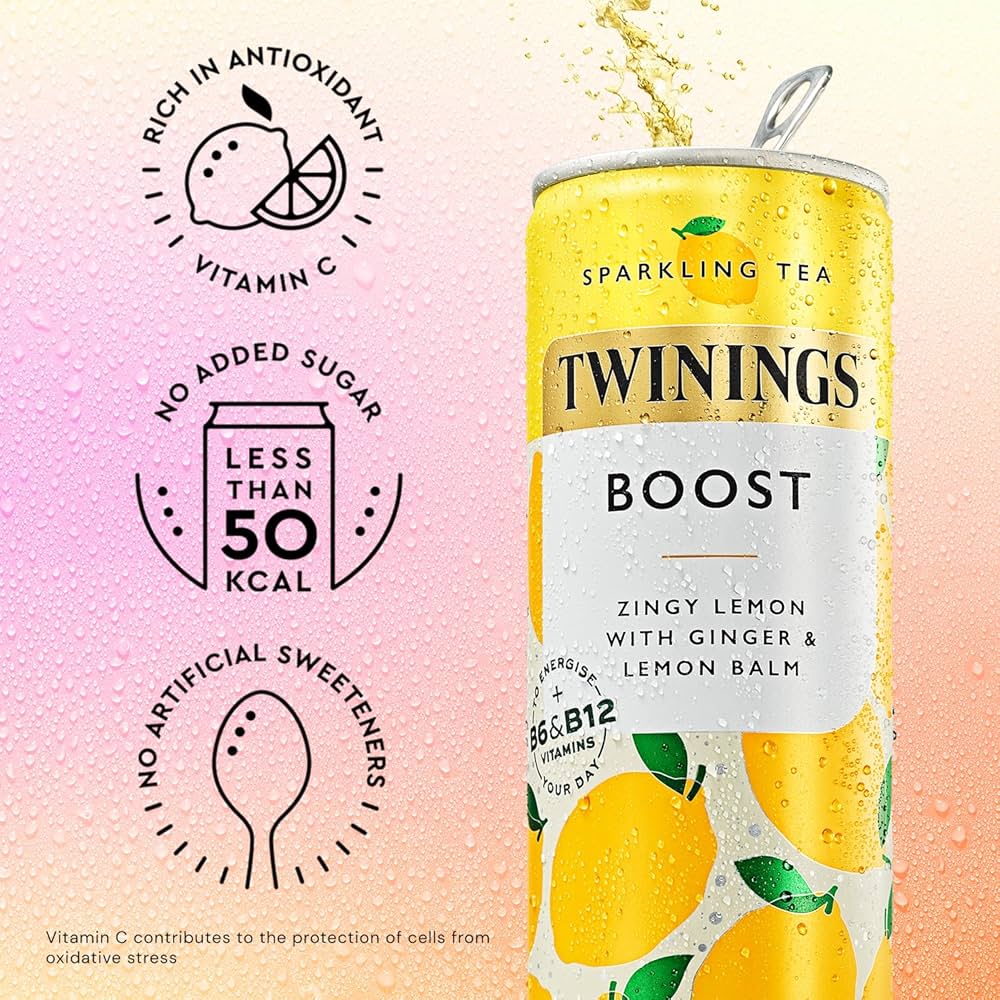Twinings Boost - Lemon and Ginger Flavoured Sparkling Tea-Refreshing Fruity Beverage(12X250ml Cans)