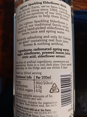 6 x 750ml Belvoir Farm Lighter Sparkling Elderflower - Hand Picked Elderflowers | 30% Less Sugar only 50 Calories | 100% Natural Ingredients | Suitable for Vegetarians & Vegans  BBE 11-26 RRP £19.99 Sale price £7.99