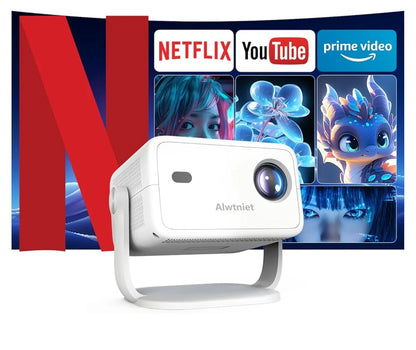 Alwtniet L018 NTV Smart Projector, 1080P Native 400 ANSI Auto Focus Auto Keystone Mini Portable Projector with Apps Built-in, ChatGPT Voice Remote Android Home Video Projector