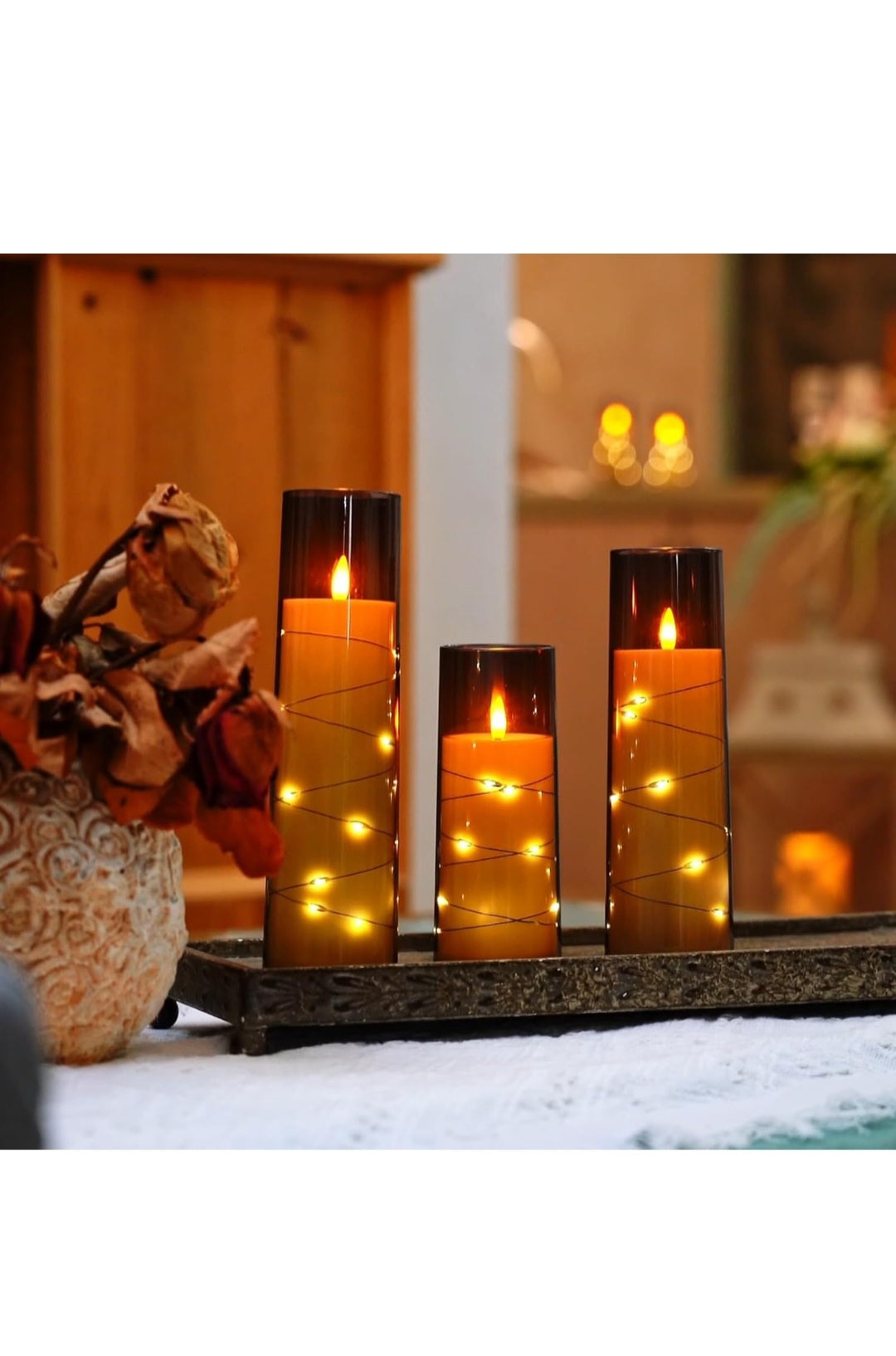 Homemory Flickering Flameless Candles with String Lights, Battery Operated Candles with Remote Control and Timer, Embedded Fairy Lights LED Candles, Acrylic, Home Decoration, Grey, Set of 5