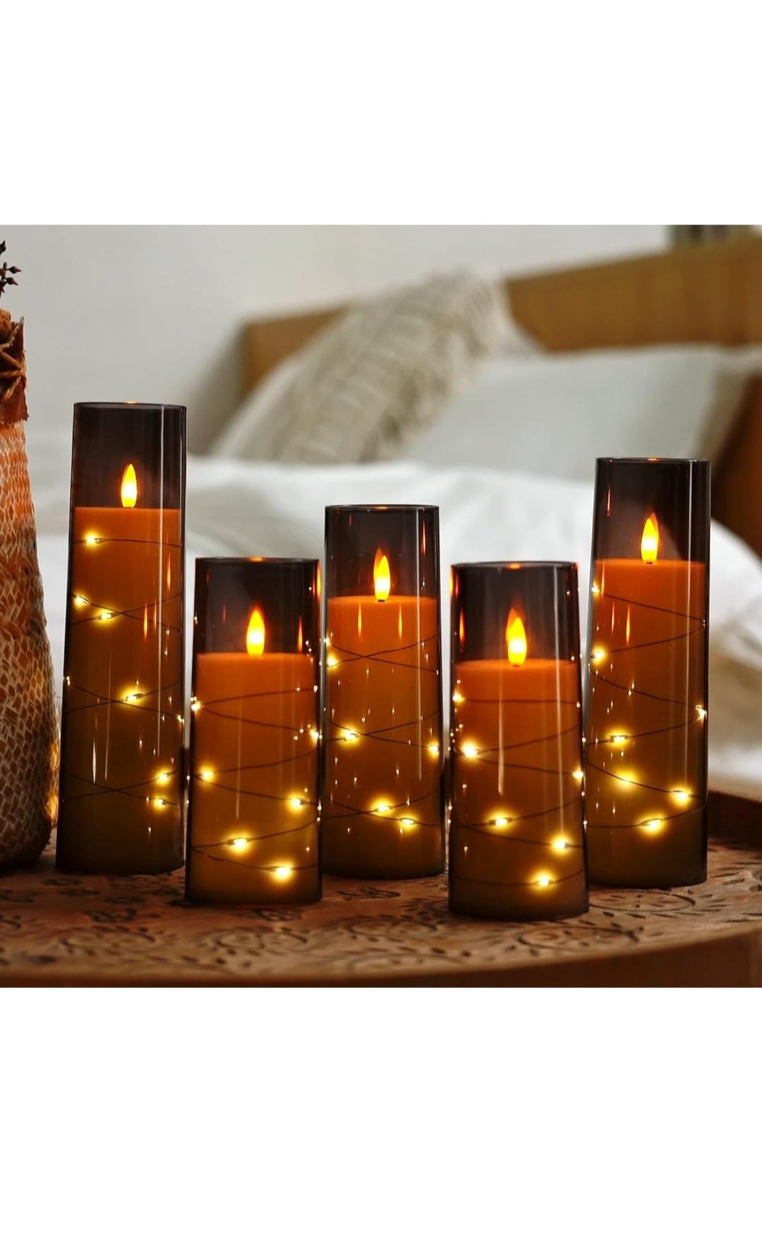 Homemory Flickering Flameless Candles with String Lights, Battery Operated Candles with Remote Control and Timer, Embedded Fairy Lights LED Candles, Acrylic, Home Decoration, Grey, Set of 5