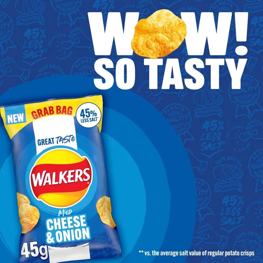 Walkers Less Salt Mild Cheese & Onion Crisps 32 x 45g