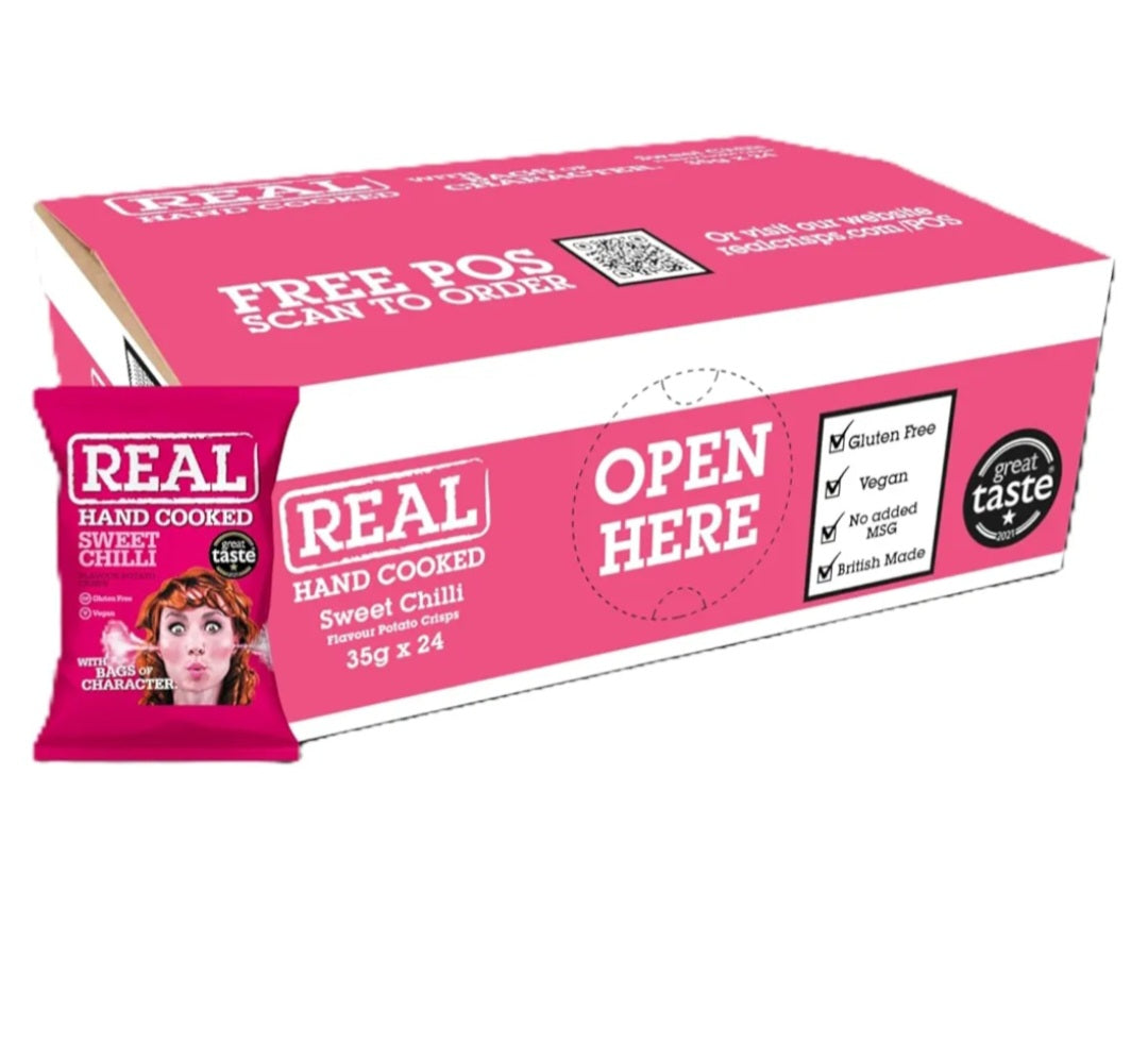 Real Crisps Hand Cooked Crunchy Potato Crisps, 24 Bags x 35g (24 Bags x 35g, Sweet Chilli) BBE Jul 25 in just £11.99
