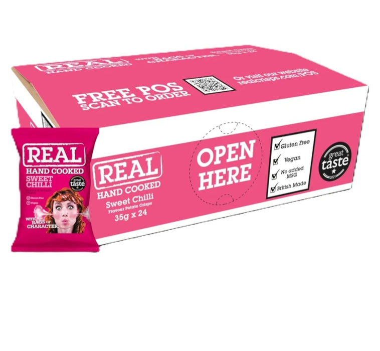 Real Crisps Hand Cooked Crunchy Potato Crisps, 24 Bags x 35g (24 Bags x 35g, Sweet Chilli) BBE Jul 25 RRP £17.99