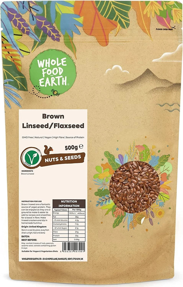 6 X 500g Wholefood Earth Brown Linseed/Flaxseed – Raw, GMO Free ,Vegan, High Fibre ,Source of Protein Certified Organic  BBE 10-25 RRP £24.99 Sale price £9.99