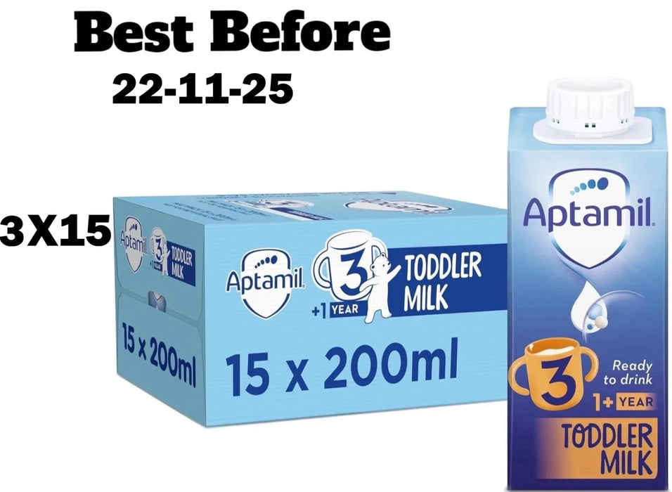 3X (15 X 200ml) Aptamil 3 Toddler Baby Milk Ready to Use Liquid Formula, 1-3 Years    BBE 22-11-25 RRP £29.99 Sale price £6.99