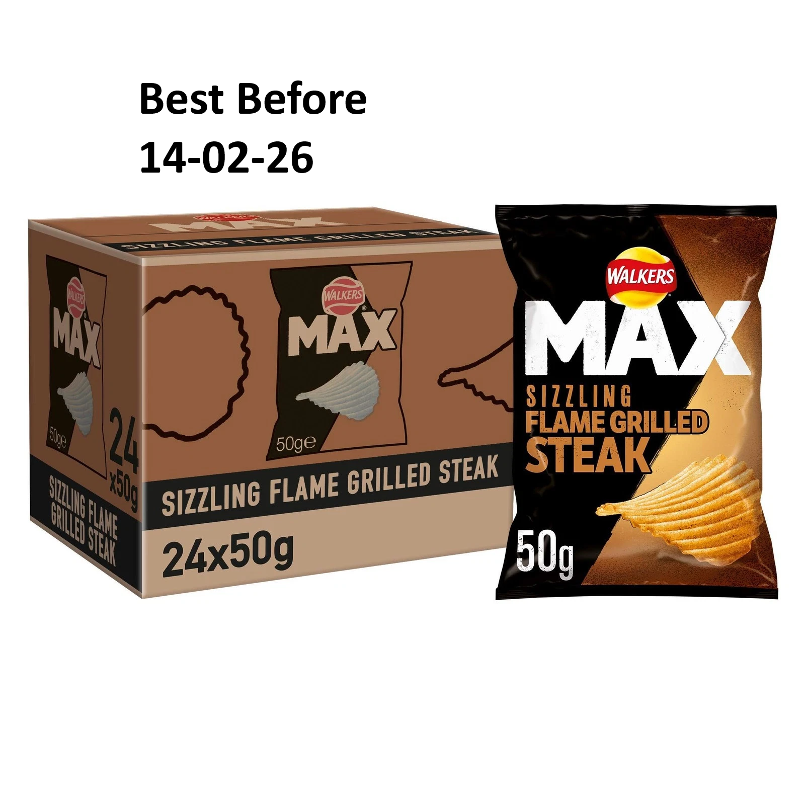 Walkers Max Sizzling Flame Grilled Steak Crisps (24X50g)