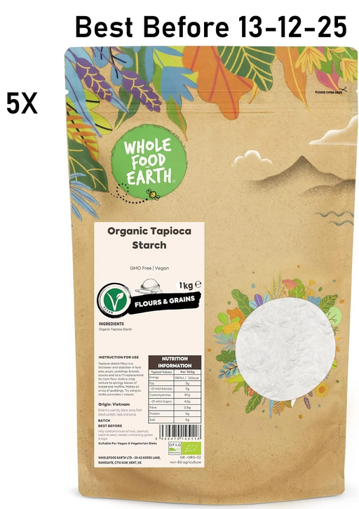 5X1kg Wholefood Earth Organic Tapioca Starch GMO Free GMO Free | Vegan | Certified  BBE 13-12-25 RRP £50 Sale price £18.99