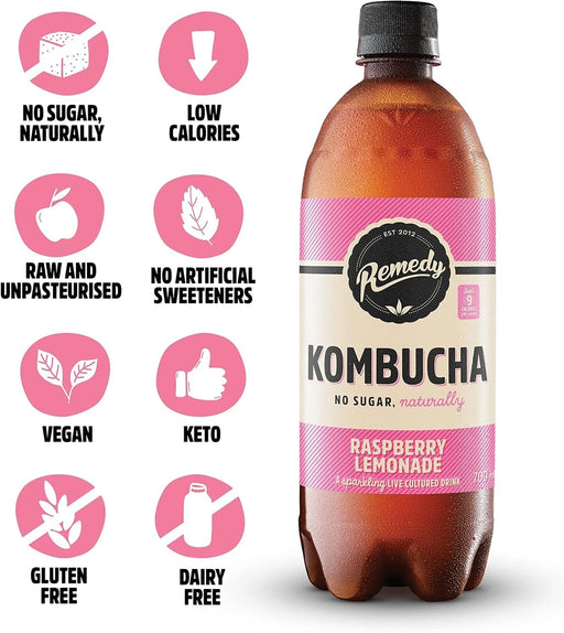 6X700ml Remedy Kombucha Tea - Raspberry Lemonade - Sparkling Live Cultured Drink  bbe 26-12-25 rrp £15 sale price £5.99