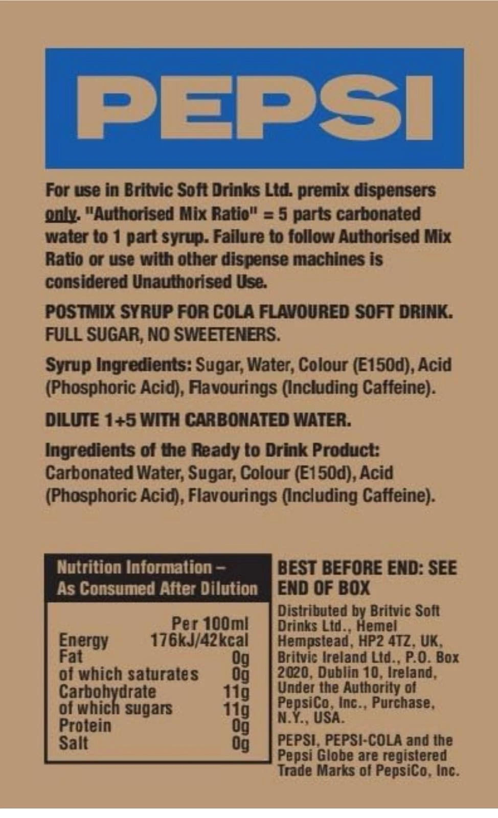 7 Litres Pepsi Bag In Box (Post Mix) BBE 05-25 RRP £55 Sale Price £16.99