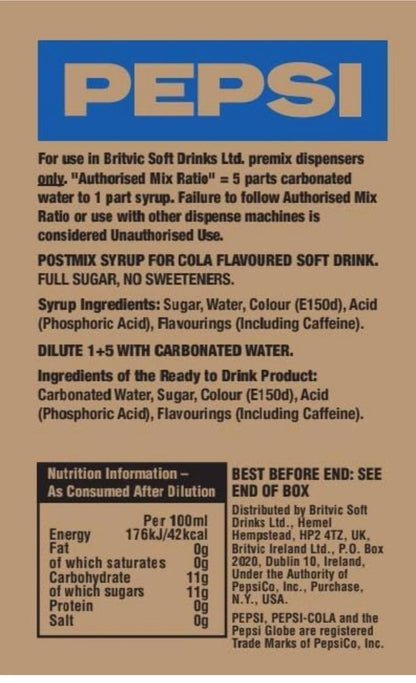 7 Litres Pepsi Bag In Box (Post Mix) BBE 05-25 RRP £55 Sale Price £16.99