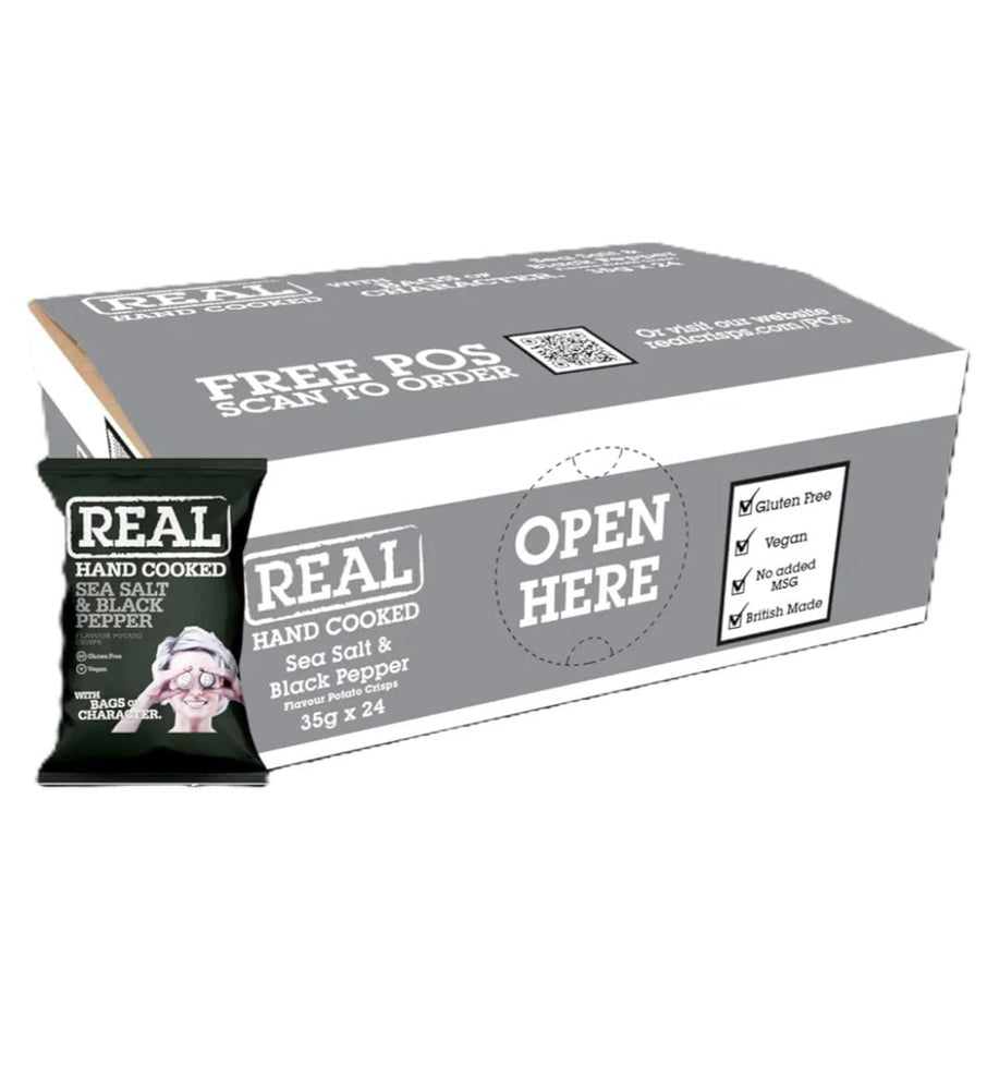 24 Bags x 35g Real Crisps Hand Cooked Crunchy Potato Crisps, (24 Bags x 35g, Sea Salt & Black Pepper) BBE Jul 25 RRP £17.99