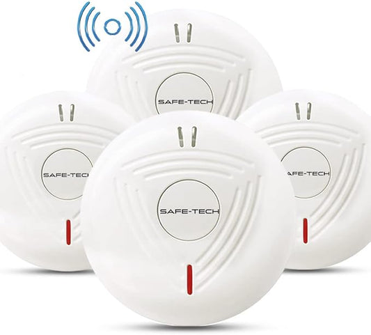 SAFE TECH Wireless Interconnected Smoke Alarm, Smoke Detector 10 Year Battery with Photoelectric Sensor, Fire Alarm with LED Indicator Low Battery and Fault Warning for House and Bedroom, 4 Pack