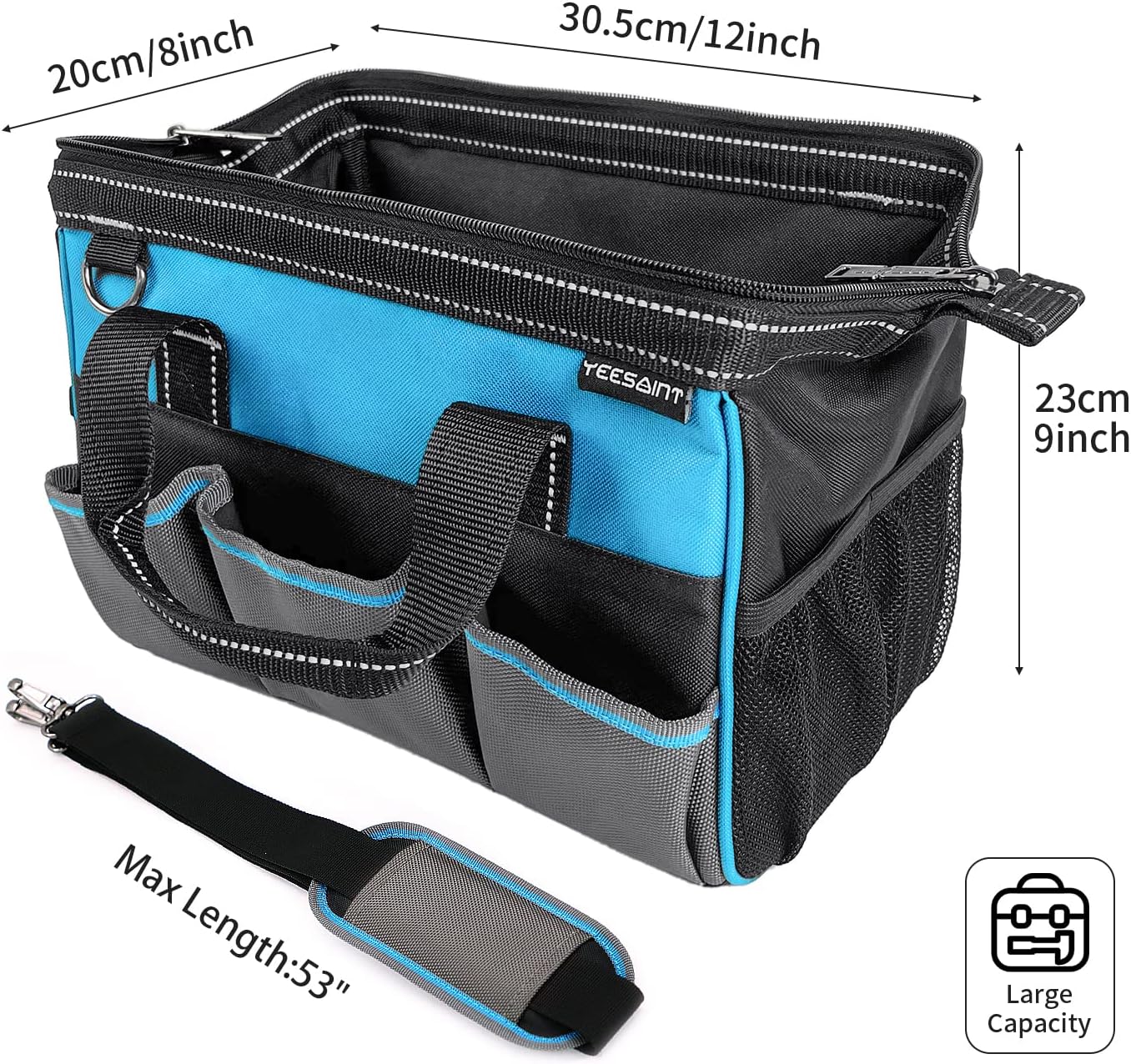 YEESAINT Wide Mouth Tool Bag,Small Tool Bag Organiser with Inside Pockets,12-Inch Heavy Duty Tool Bags,Electrician Tool Bag