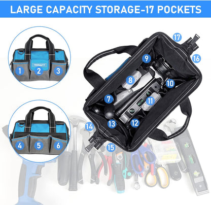 YEESAINT Wide Mouth Tool Bag,Small Tool Bag Organiser with Inside Pockets,12-Inch Heavy Duty Tool Bags,Electrician Tool Bag